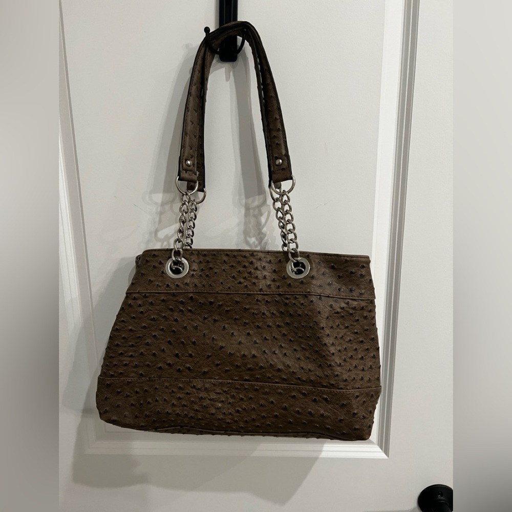 Ostrich Look Taupe Brownish Tan Large Faux Leather Bag w/Chain Link Straps